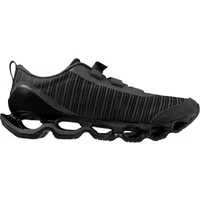 Black Mizuno Wave Prophecy Strap 2 trainers with wavy sole design, strap closure, and textured upper.