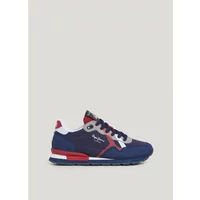 Navy blue Pepe Jeans Brit Land trainers with red and white accents, lace-up design, and logo on the side.
