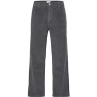 Dark gray loose-fit trousers with button closure, side pockets, and straight legs.