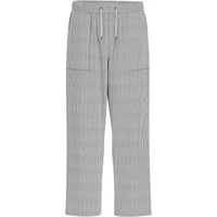 Gray pinstripe trousers by Guess with elastic waistband, drawstring, and side pockets.