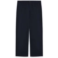 Navy blue Lyle & Scott pleated trousers with enzyme wash, straight leg, and button closure.