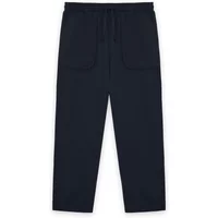 Navy blue Lyle & Scott trousers with elastic waistband, drawstring, and two front pockets.