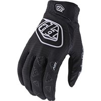 Black Troy Lee Designs Air MTB gloves with white logo, textured grip, and long fingers.