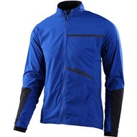 Blue Troy Lee Designs Shuttle MTB jacket with black accents, zippered front, and angled chest pocket.