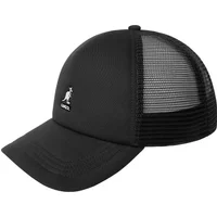 Black Kangol trucker cap with mesh back and embroidered white kangaroo logo on front.