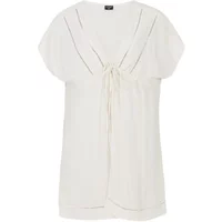 White tunic blouse with short sleeves, V-neck, and front tie detail by Protest.