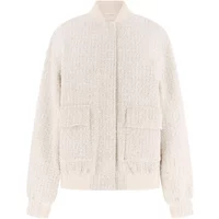 Cream tweed bomber jacket for women by Guess Perinne, featuring ribbed cuffs and hem with front flap pockets.