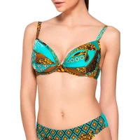 Underwired bikini top in vibrant jade with tribal patterns and adjustable straps.