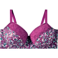 Purple floral underwired full support bra with lace detailing and adjustable straps by Pomm'Poire.