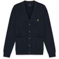 Navy V-neck cotton cardigan by Lyle & Scott with yellow logo, button closure, and two front pockets.