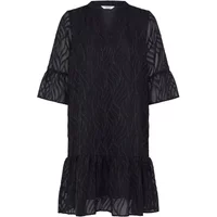 Black V-neck dress with sheer zebra pattern, elbow-length ruffled sleeves, and flared hem by b.young BYFrikke.