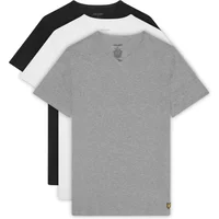 Three Lyle & Scott V-neck T-shirts in gray, white, and black, featuring a small embroidered logo on the hem.