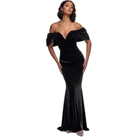 Black velvet off-the-shoulder maxi dress with deep plunge neckline and fitted silhouette by Goddiva.