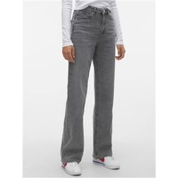Medium grey denim wide-leg jeans with high-rise waist, button closure, and five-pocket design.
