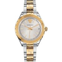 Versace Hellenyium ladies watch with silver dial, gold-tone bezel, and two-tone silver and gold bracelet.