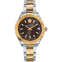 Two-tone Versace women's watch with gold bezel, black dial, silver-gold bracelet, and date display.