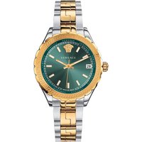 Two-tone Versace watch with green dial, gold bezel, silver and gold bracelet, and date display at 3 o'clock.