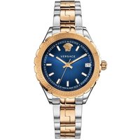 Versace V12060017 women's watch, blue dial, gold and silver bracelet, date display, gold bezel with Medusa logo.