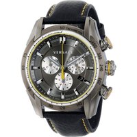 Versace VDB020014 men's chronograph watch, black leather strap, gray dial, silver subdials, yellow accents.