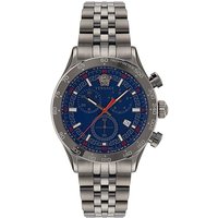 Versace Hellenyium Chrono men's watch, silver bracelet, blue dial, silver indices, and chronograph subdials.
