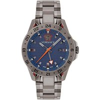 Versace Sport Tech GMT men's watch, silver bracelet, blue textured dial, date display, 24-hour bezel.