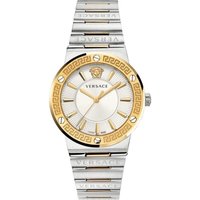 Versace VEVH00620 women's watch with gold Greca logo bezel, silver dial, and stainless steel bracelet.