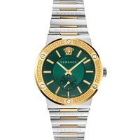 Versace men's watch with two-tone silver and gold band, green dial, gold Greca pattern bezel, and Versace logo.