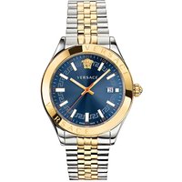 Two-tone Versace men's watch with blue dial, gold bezel, silver-gold bracelet, and date display.