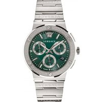 Versace men's watch with silver bracelet, green dial, Greca logo, and three subdials.