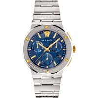 Versace men's watch with silver band, blue dial, gold accents, and Greca logo design on bezel.