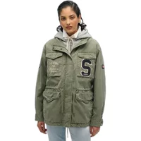 Green military-style hooded jacket with embroidered patches, front pockets, and Superdry branding.