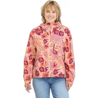 Women's Ragwear Chrisanta Print waterproof jacket, pink and orange floral pattern, hooded with front zipper.