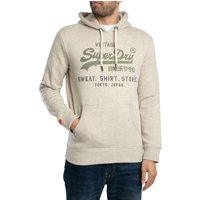 Beige Superdry pullover hoodie with vintage logo, front pocket, and drawstring hood.