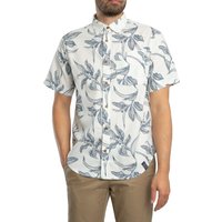 White short-sleeved shirt with blue leaf pattern, button-down collar, and Superdry logo tag.