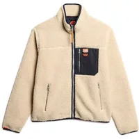 Beige fleece jacket with black zip, high collar, and chest pocket, featuring Superdry logo patch.