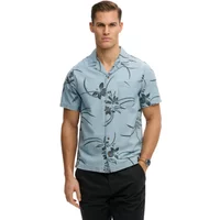 Blue Superdry Loom Cabana vintage shirt with black floral print and short sleeves.