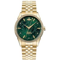 Gold Vivienne Westwood Wallace women's watch with green marbled dial, gold markers, and link bracelet.