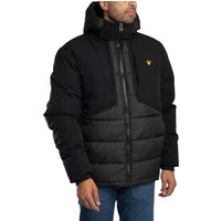 Black Lyle & Scott Wadded Hybrid Jacket with hood, quilted lower half, and yellow logo on chest.