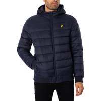 Navy blue Lyle & Scott wadded jacket with hood, horizontal quilting, and yellow logo on chest.