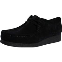 Black suede Wallabee Evo shoes by Clarks with moccasin-style stitching and cushioned sole.