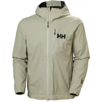 Beige Helly Hansen waterproof jacket with hood, front zipper, and black logo on chest pocket.