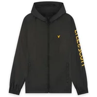 Black waterproof jacket with hood, yellow Lyle & Scott logo on chest, and branded sleeve text.
