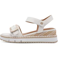 White wedge platform sandals with ankle strap, buckle detail, and woven espadrille-style midsole by Tamaris.
