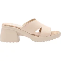 Beige Ryłko Hayley wedge mules with open toe, crisscross straps, and chunky heel.