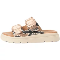 Beige and black snake print wedge mules with dual buckle straps and a chunky sole.