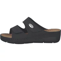 Black Tamaris wedge mules with two wide straps and a logo emblem, featuring a cushioned insole and textured sole.