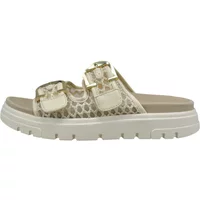 Beige wedge mules with textured straps, gold buckles, and chunky white sole by TT.Bagatt.