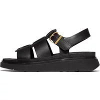 Black leather wedge sandals, fisherman style, with adjustable buckle strap and cushioned sole by FitFlop.