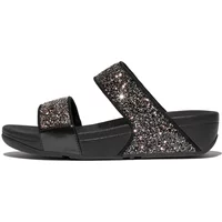 Black FitFlop Lulu wedge sandals with glittery straps and cushioned sole.