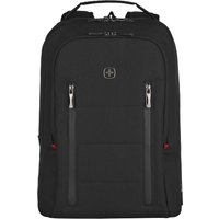 Black Wenger/SwissGear City Traveler backpack with dual front zippers, top handle, and SwissGear logo.